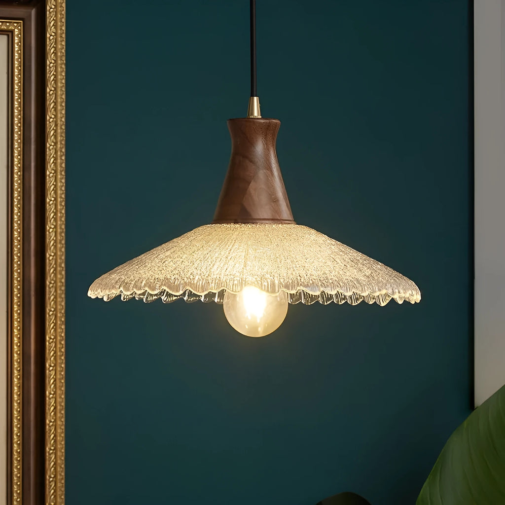 Retro wooden body and glass shade brass chandelier ceiling light fixture