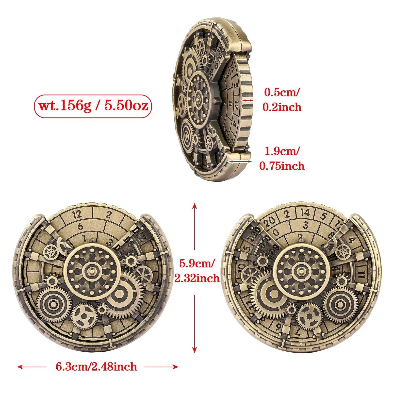 Retro fingertip gyroscope dice set with zinc alloy wheel in bronze and dark silver colours