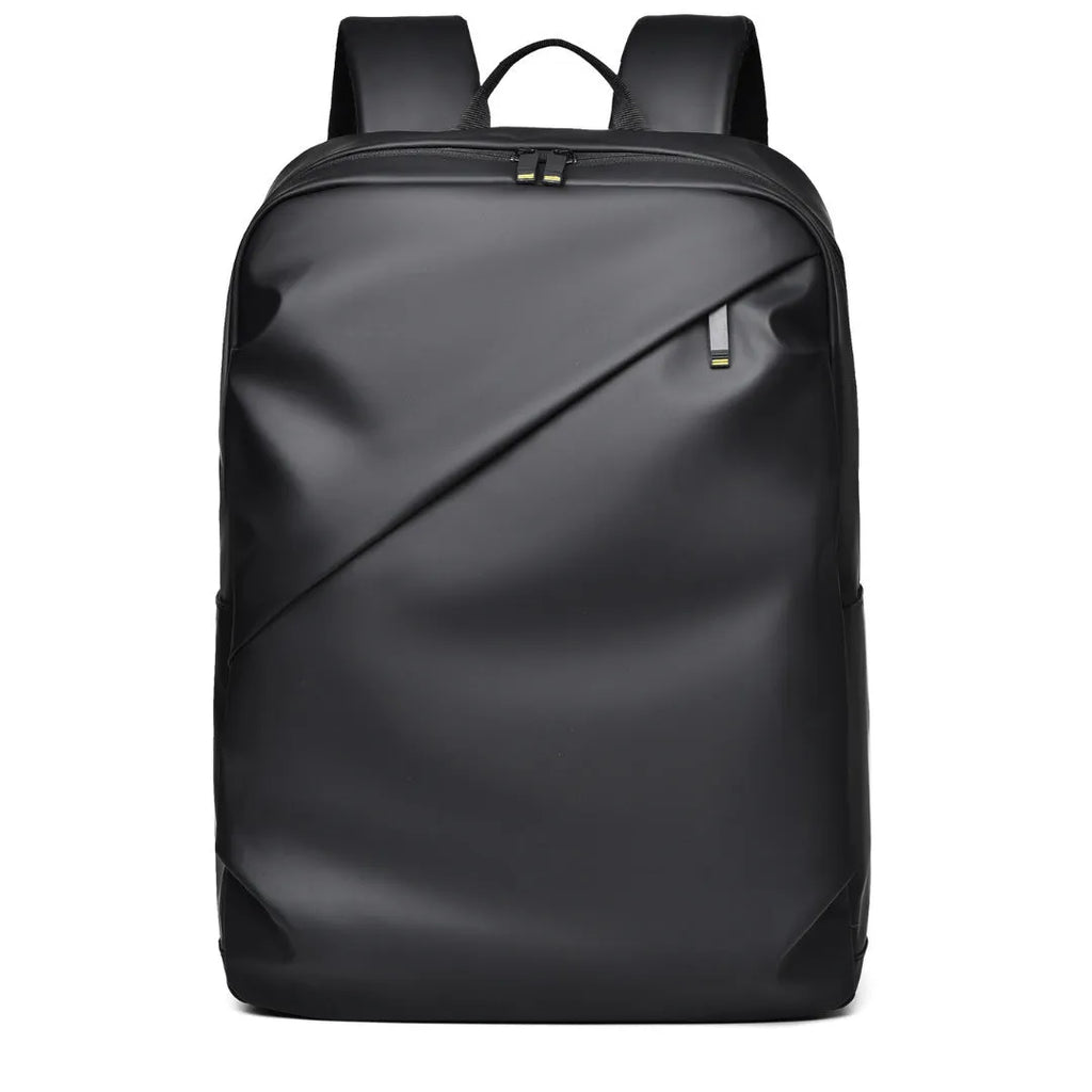 Men's large waterproof black PU leather backpack with laptop compartment on a grey background.