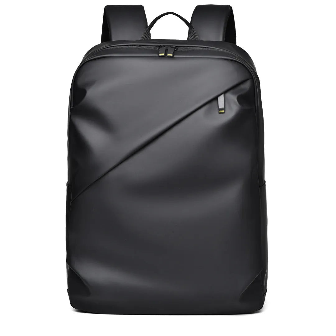 Men's large waterproof black PU leather backpack with laptop compartment on a grey background.
