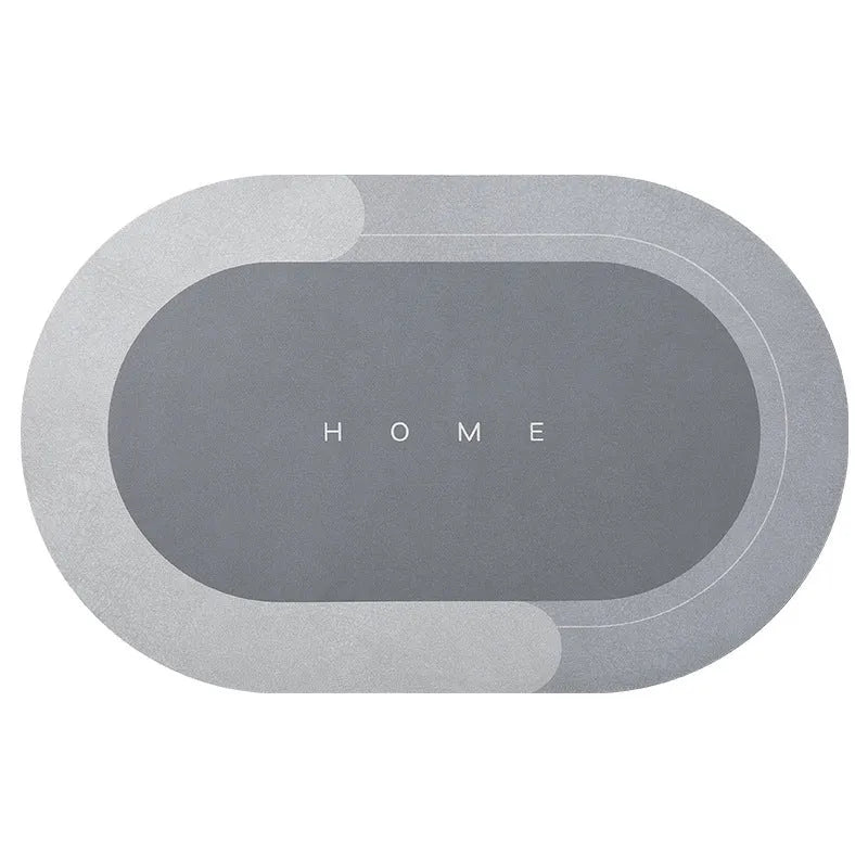 Natural rubber quick-drying bathroom floor mat in blue, available in oval and rectangular shapes.