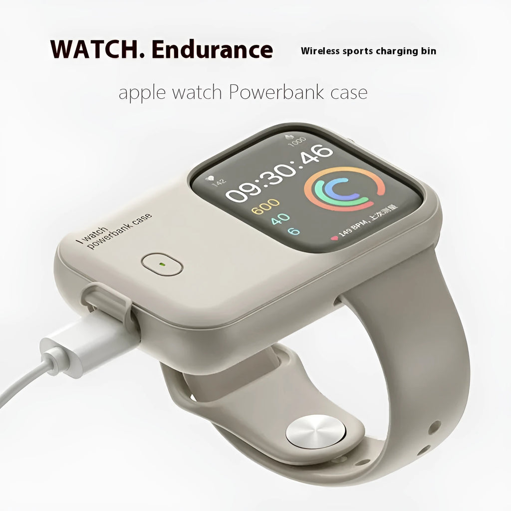 Apple Watch portable charging case with silicone cover, shown in Brown, Midnight Blue, and Starlight colours.
