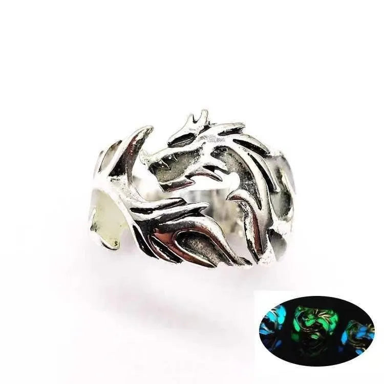 Adjustable Chinese dragon pattern ring in antique silver blue and green electroplated metal