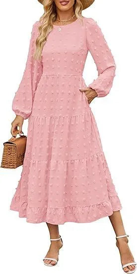 Women's beige high waist long sleeve dress with ruffle sleeves, shown front view.