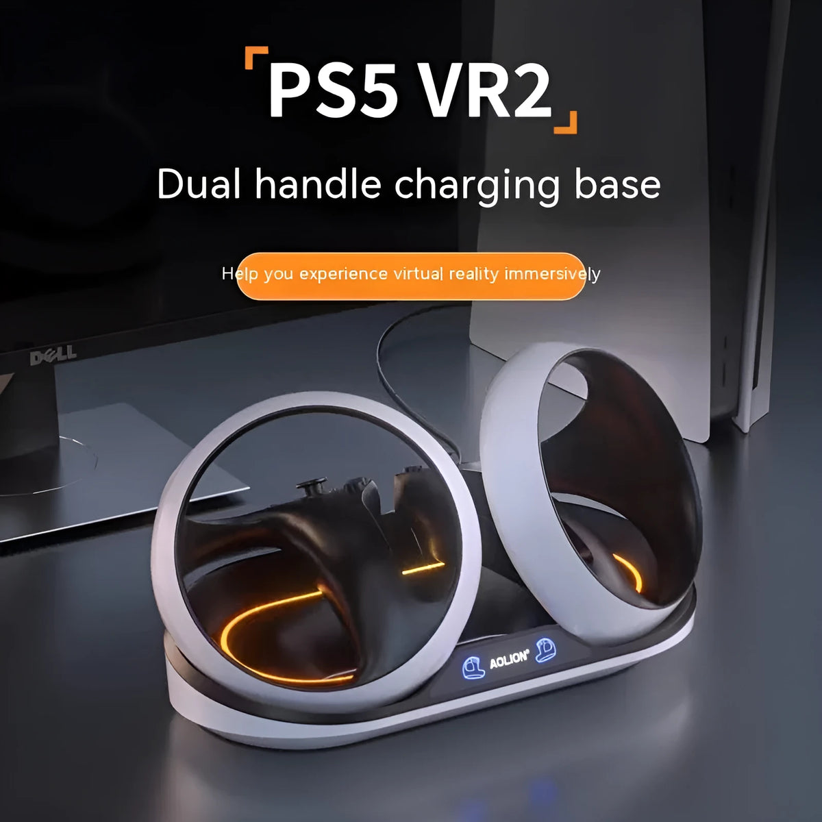 PS5 VR2 handle charging base with magnetic suction heads and Type C cable on desk
