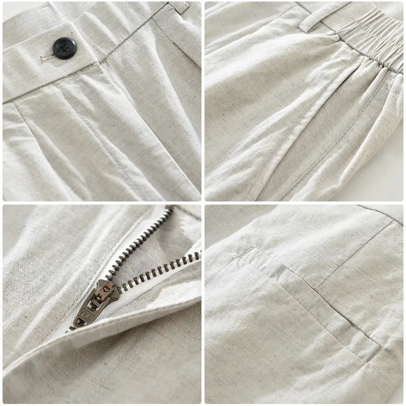 Men's loose straight-leg casual trousers in a cotton linen blend fabric, shown in black colour.