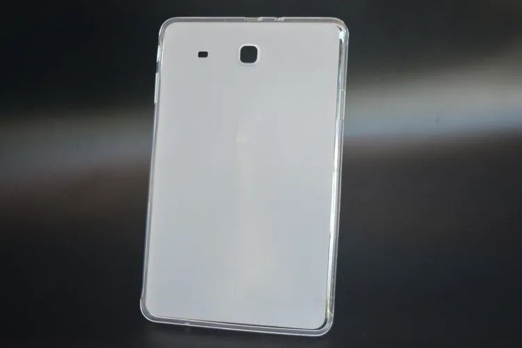 Clear white transparent ultra-thin silicone and TPU tablet protective case showing tablet through clear material