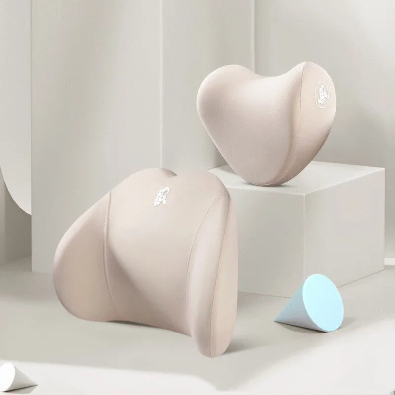 Heart-shaped car pillow set with memory foam filling for headrest and lumbar support in multiple colour options