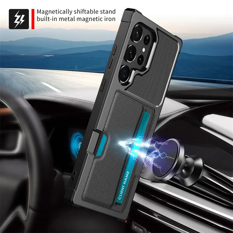 Black TPU PC phone case with card slot for Samsung, showing back with card inserted