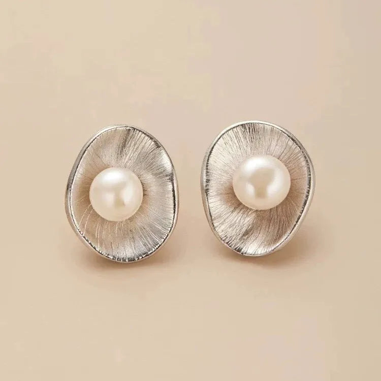 Sterling silver geometric pearl earrings with electroplated gold finish