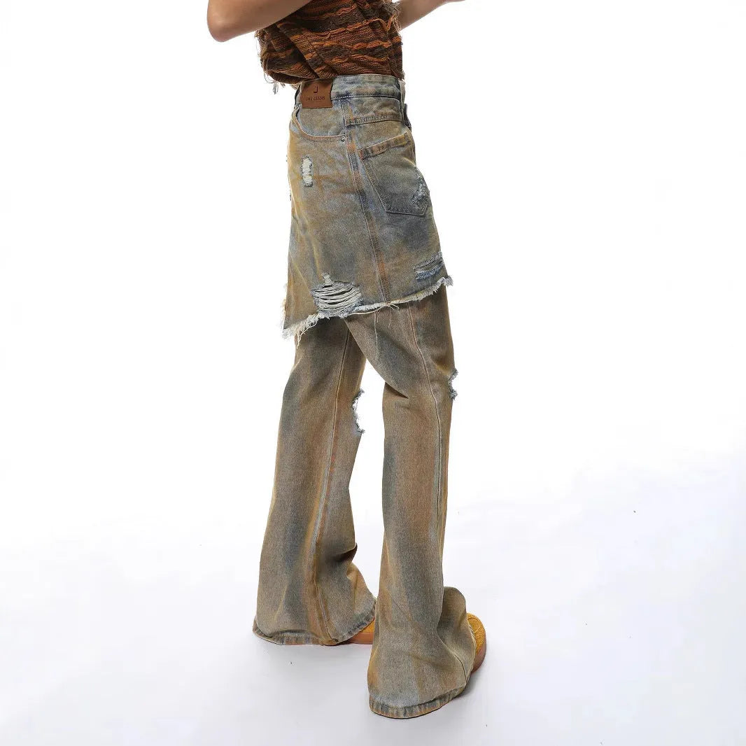 Loose fit bootcut jeans with high waist and button fly in micro-elastic cotton denim fabric