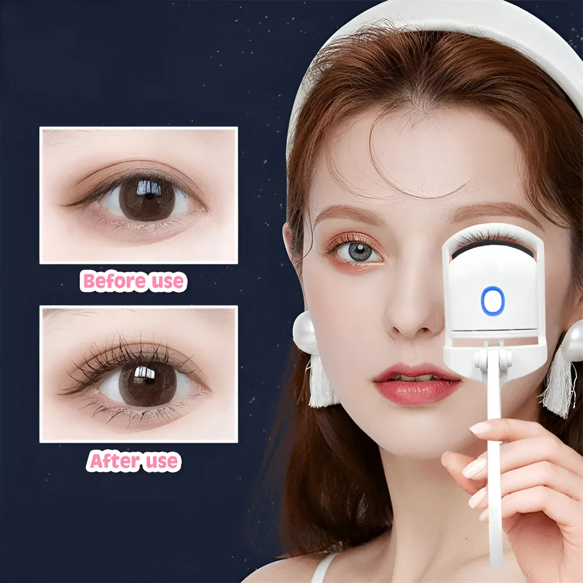 White heated eyelash curler with USB charging cable and two temperature modes, compact 41 x 65 x 130mm size