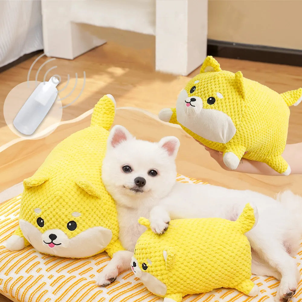 Plush calming dog toy with pillow shape, textured surface, and squeakers inside