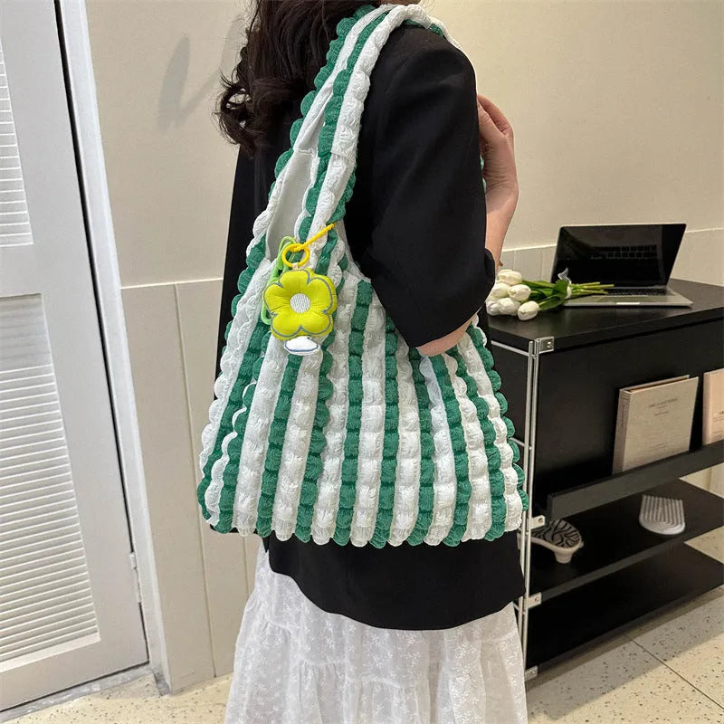Women's pleated bubble shoulder bag in vertical square shape with pendant accessory