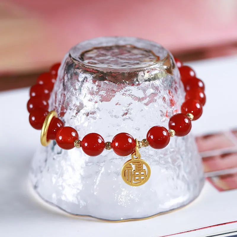 Natural red agate bracelet with woven construction and blessing card