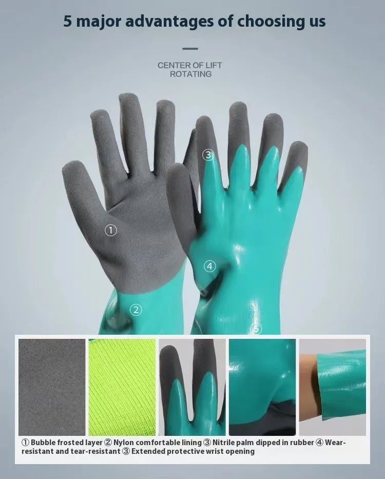 Navy blue nitrile work gloves shown in short and lengthened styles for fishing protection.