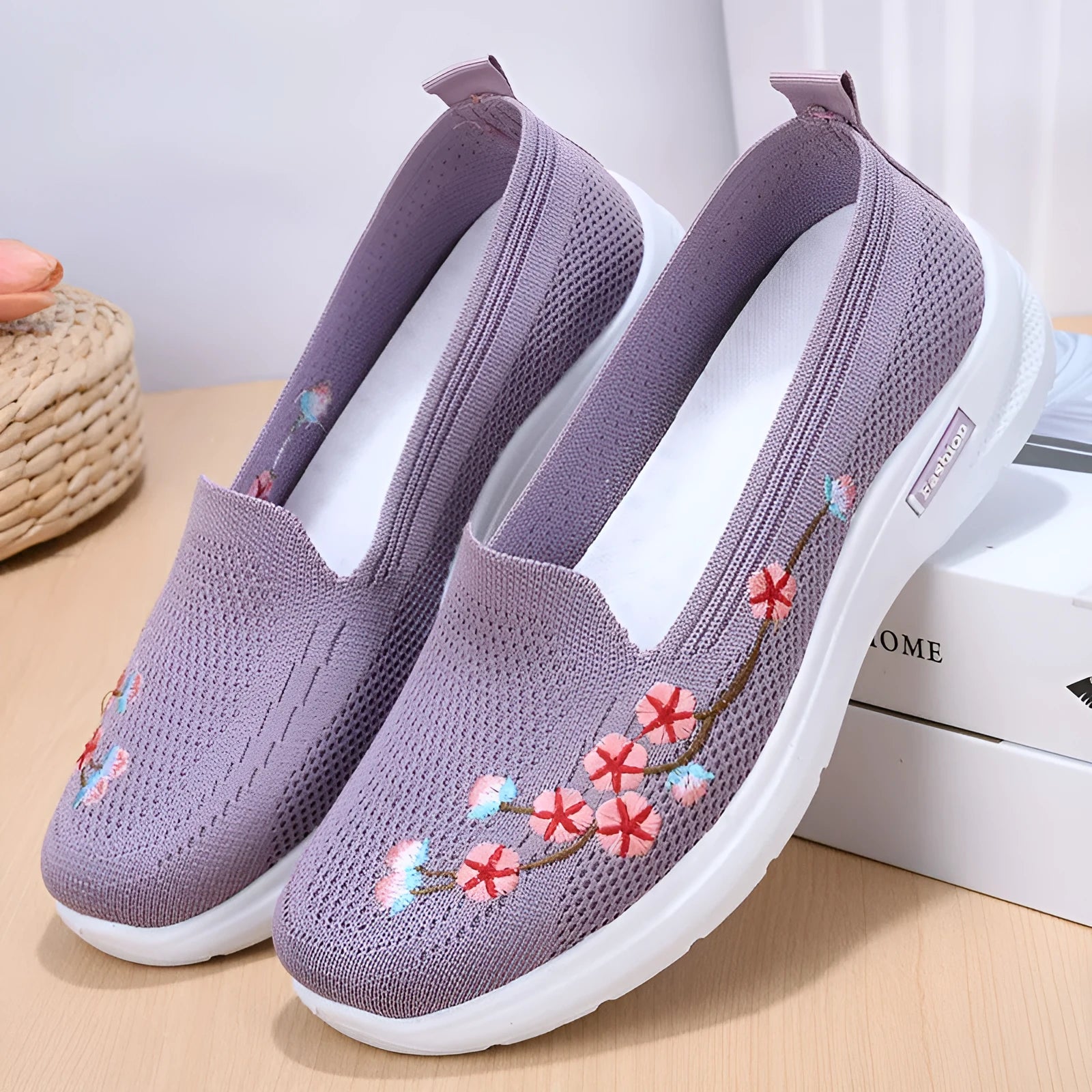 Women's wine red embroidered floral woven pumps with a flat anti-slip sole.