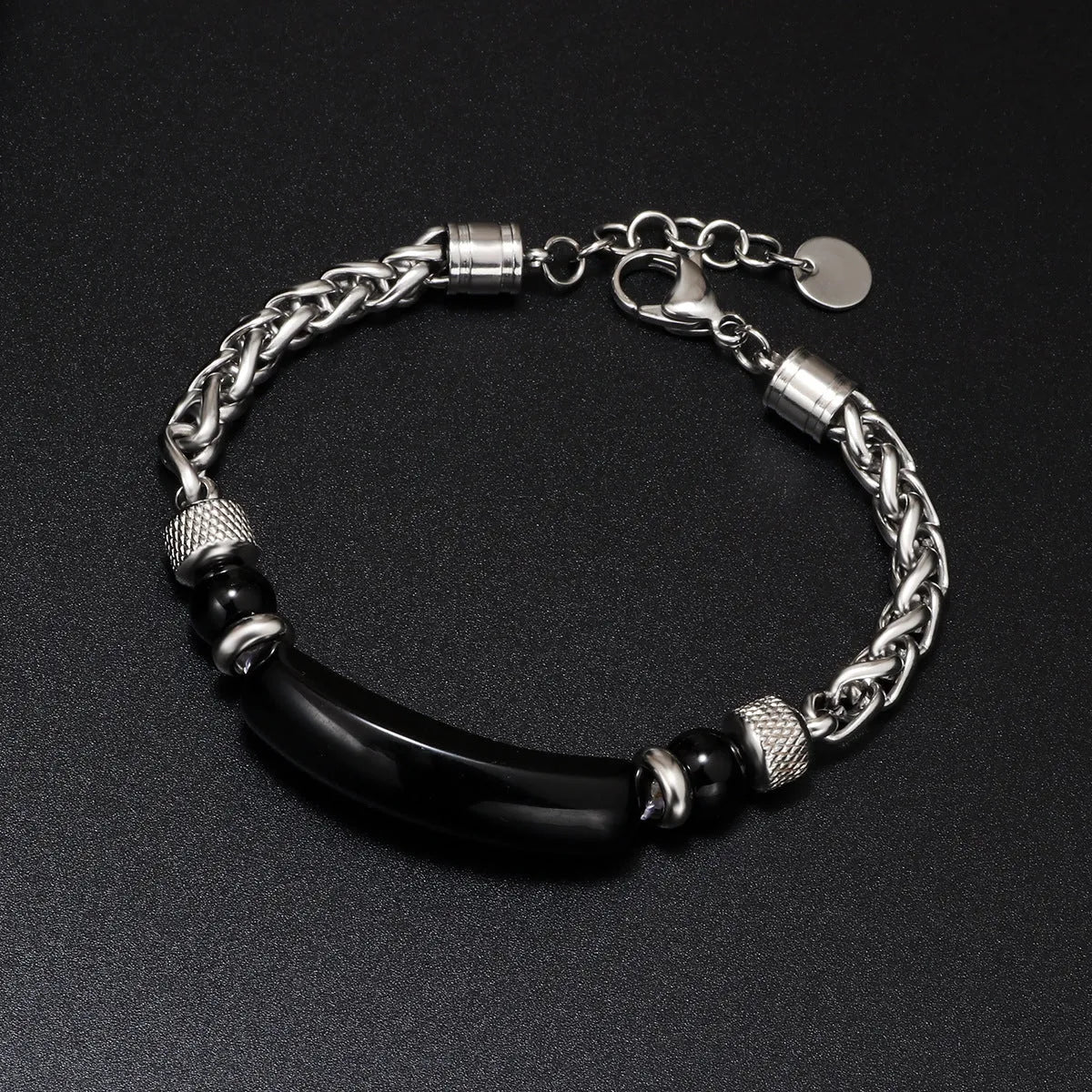 Natural stone bracelet with tiger eye stone black matte beads and colourful natural stone on stainless steel chain 6cm diameter