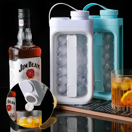 Light blue and white 2-in-1 ice ball maker and cold drink kettle showing 17 ball capacity