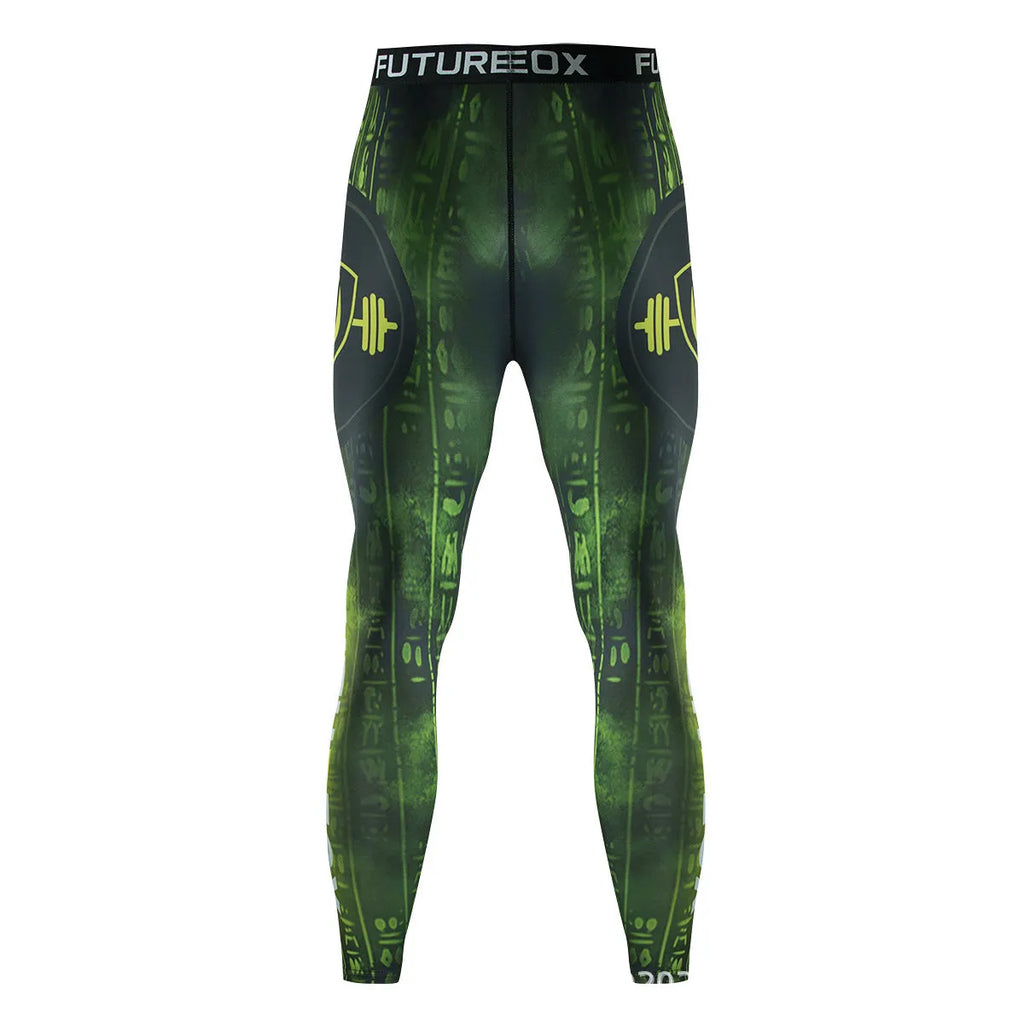 Men's stretch body-hugging sports suit top and trousers set for running and fitness.