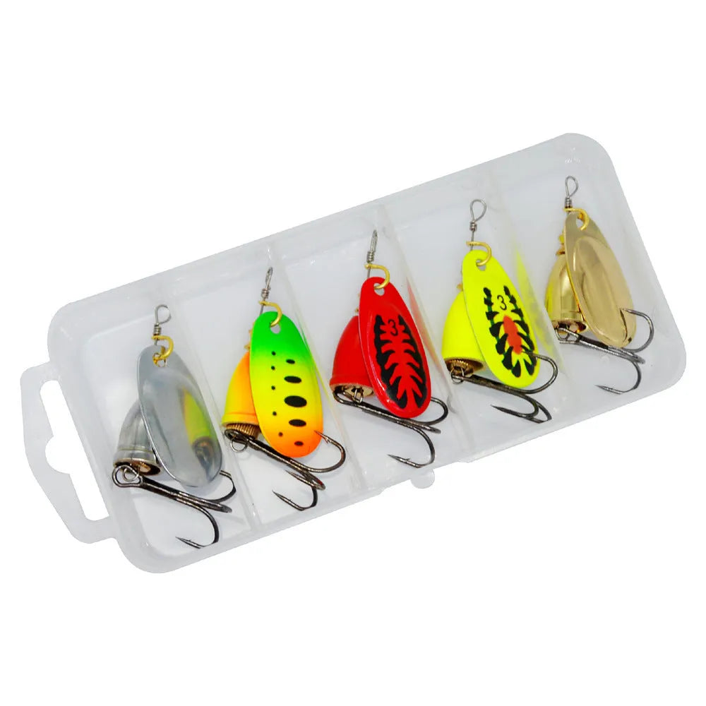 R-shaped metal fishing lure with rotating sequins and copper bell in gold, silver, red, yellow, and green colour variations