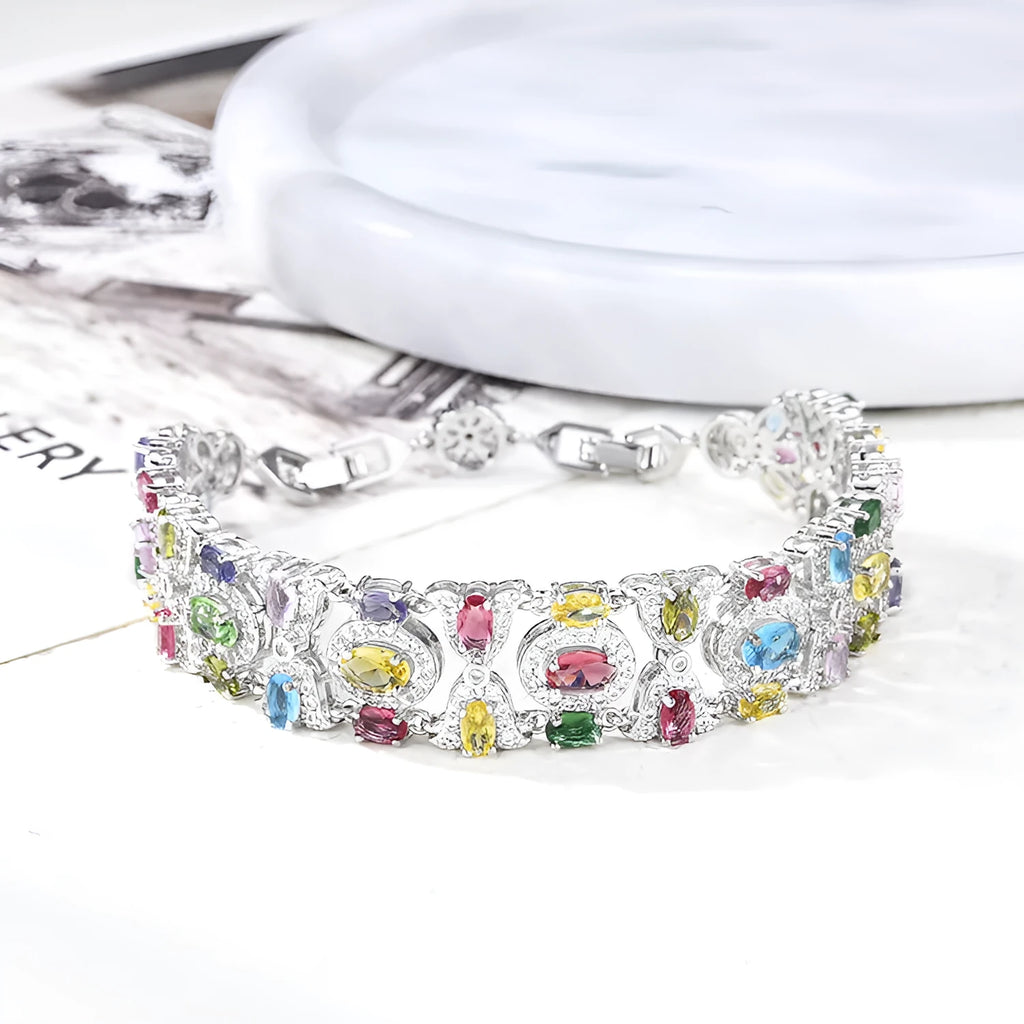 Colorful full diamond women's bracelet on display, 18cm adjustable length with extension buckle, anti-sensitivity brass base