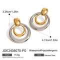 Golden round geometric stud earrings with hollow double layer design on white background