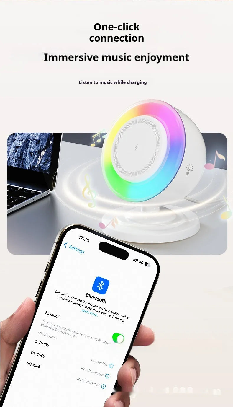 Three-in-one wireless charger with Bluetooth audio and coloured lights in black