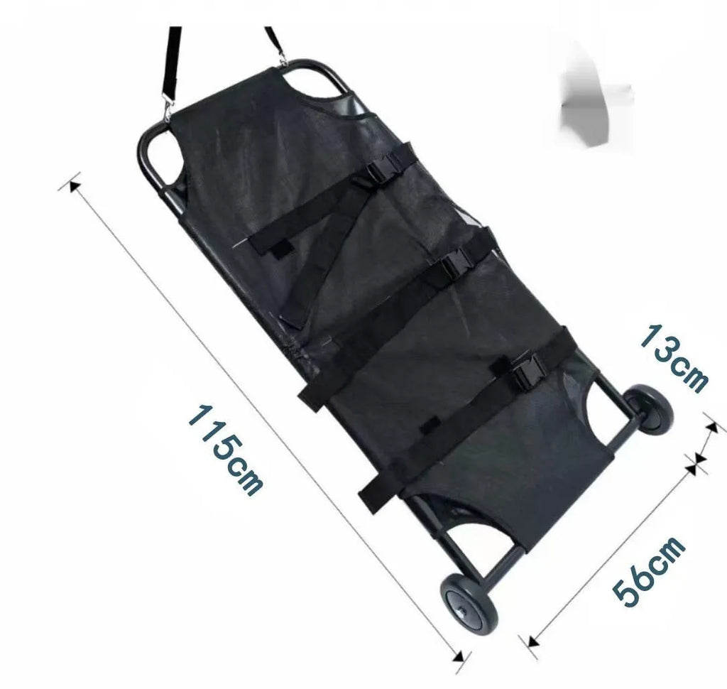Large black aluminium alloy foldable pet stretcher for emergency dog transport.