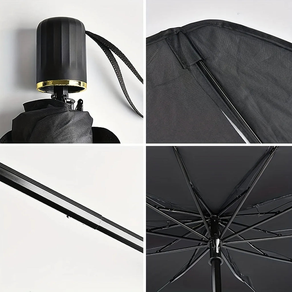 Foldable car windshield sunshade umbrella shown open and folded with automatic rebound button