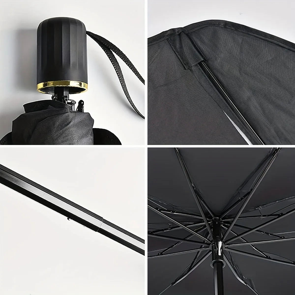 Foldable car windshield sunshade umbrella shown open and folded with automatic rebound button