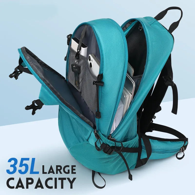 Waterproof Oxford cloth hiking backpack with physiological back plate in black, lake blue, or lemon yellow