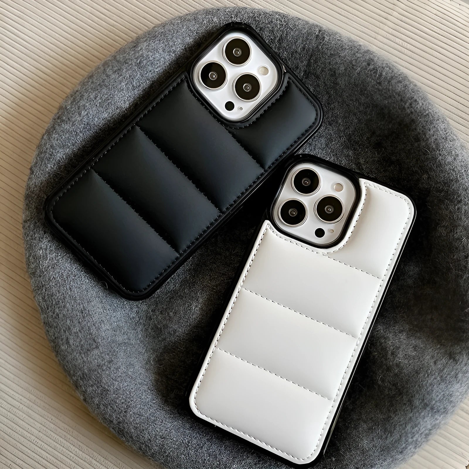 Candy down jacket shape iPhone case in black, white, rose red, and green colours