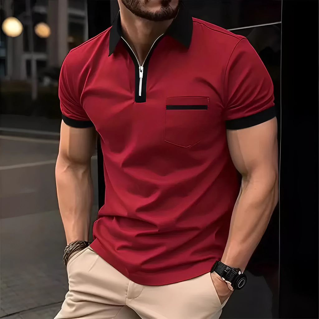 Men's loose fit short sleeve casual shirt with chest pocket and zipper detail in a two-tone colour.