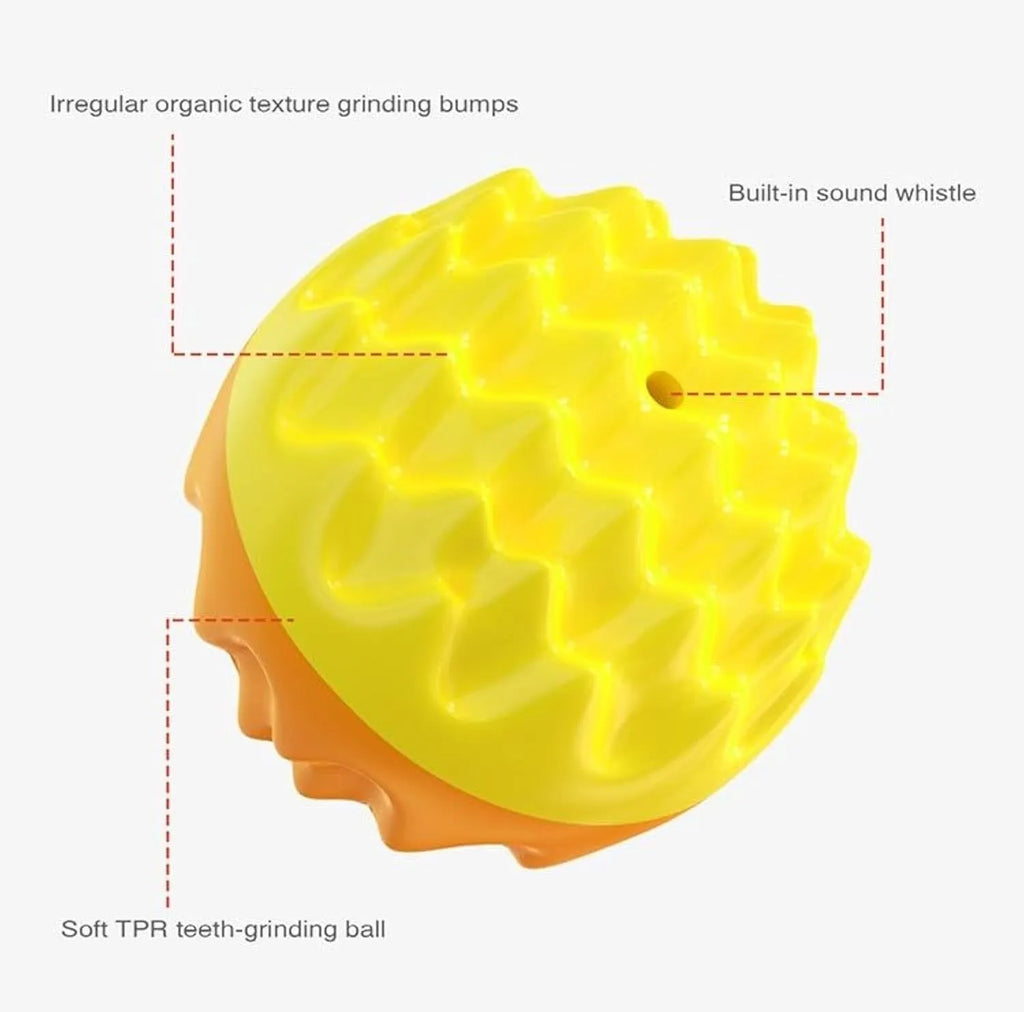 Blue and orange durable rubber squeaky dog ball with spiky dental cleaning bumps.