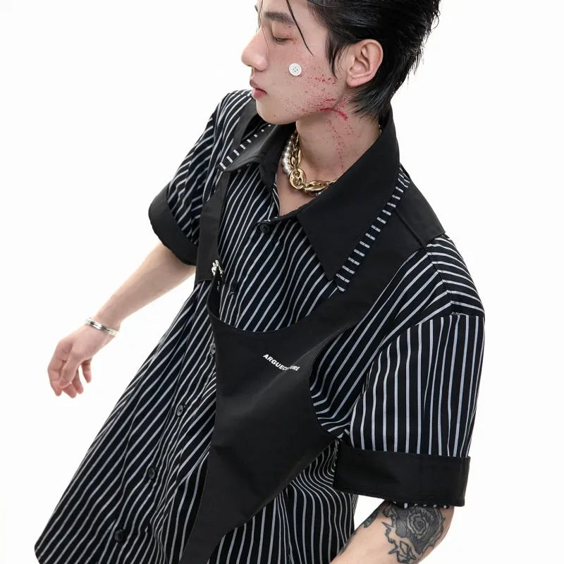 Men's striped cotton shirt with double collar design in black and white patterns, short sleeves with single-breasted fastening
