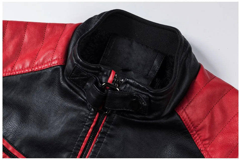 Men's retro PU leather motorcycle jacket with stand collar and zipper pockets, in brick red, brown, or ivory white