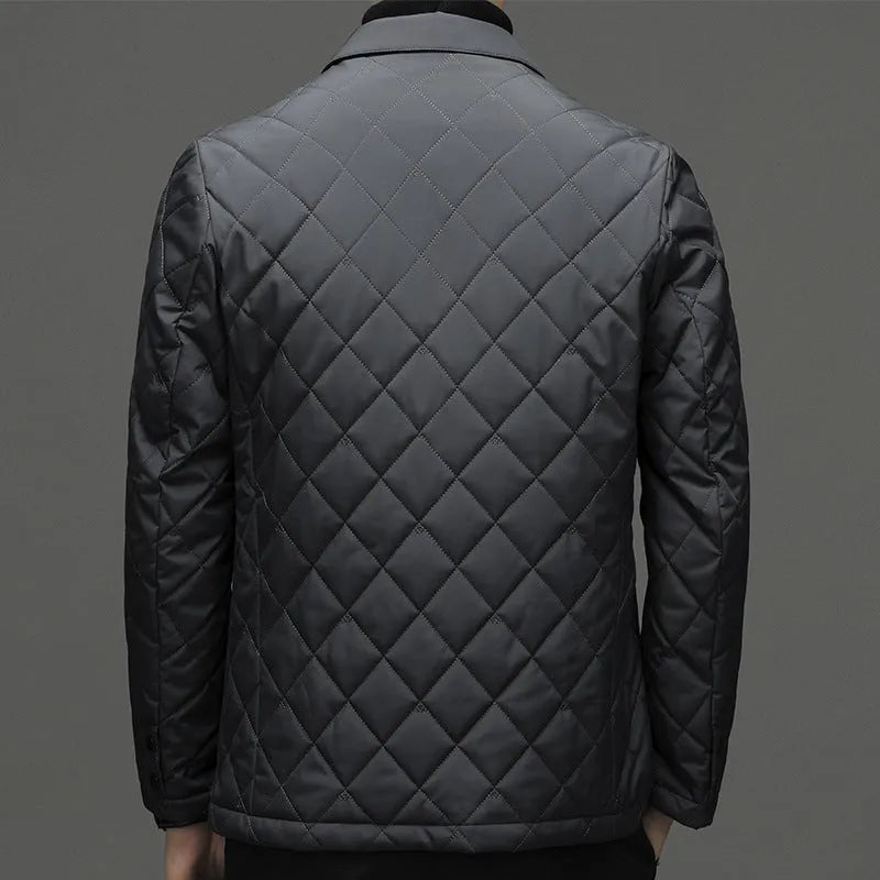 Men's solid colour thick down jacket with lapel collar and side seam pockets.