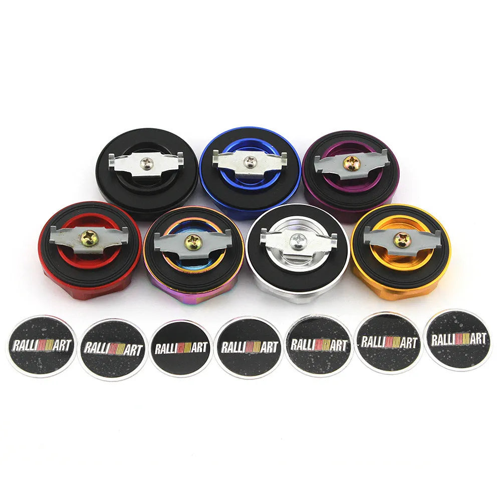 Aluminium alloy oil filter cap for car modification, shown in available colours: red, blue, gold, silver, black, purple.