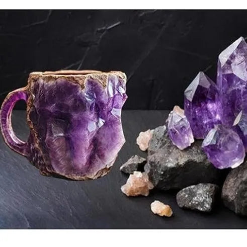 400ml resin mineral crystal coffee mug with handle, 10cm high, purple colour, on a table