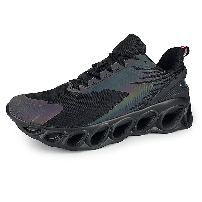 Breathable mesh men's casual sports shoes in black with white laces and a low-top EVA sole design.