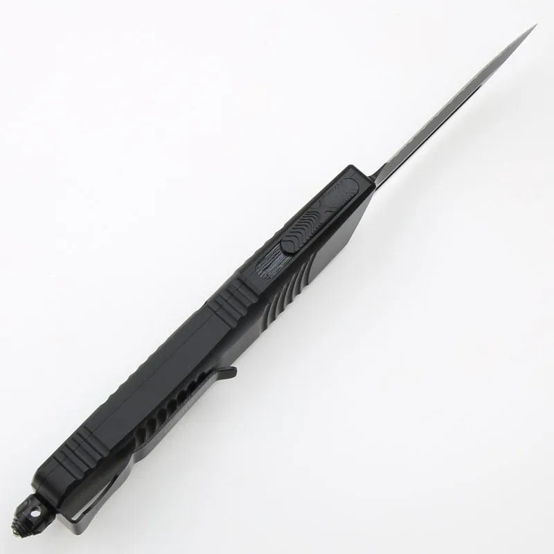 Folding knife with D2 steel blade, black and white wire drawing 6061 aluminium handle, 24cm total length and 148g weight