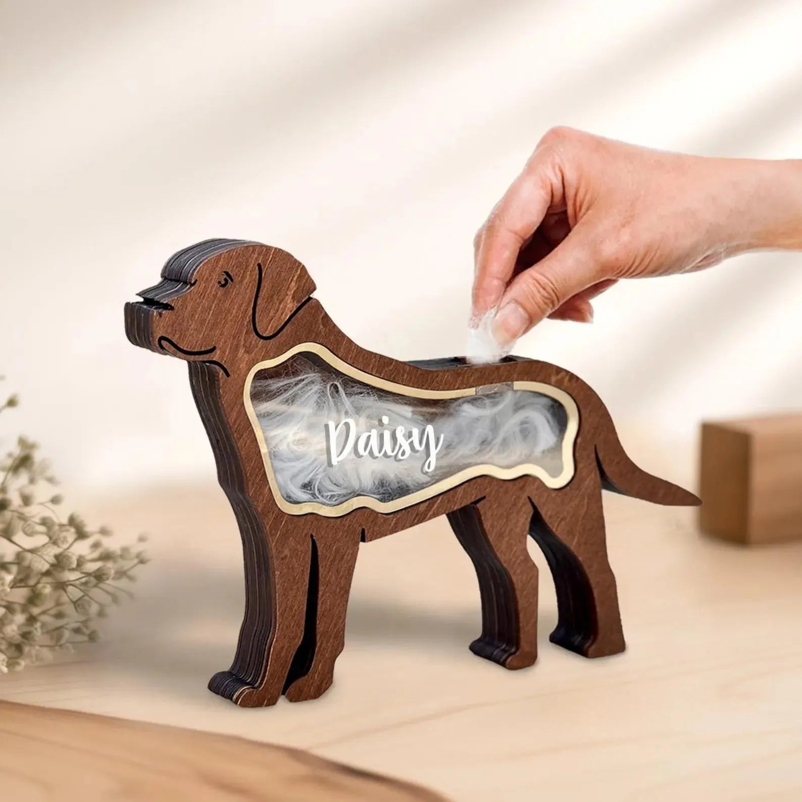 Black rectangular wooden box with a sliding lid for storing pet grooming tools.