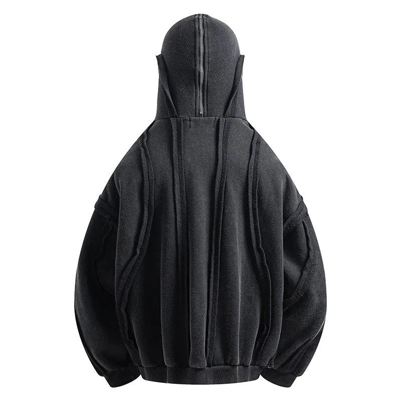 Black retro loose-fit cotton coat with a zip-up front and integrated hood.