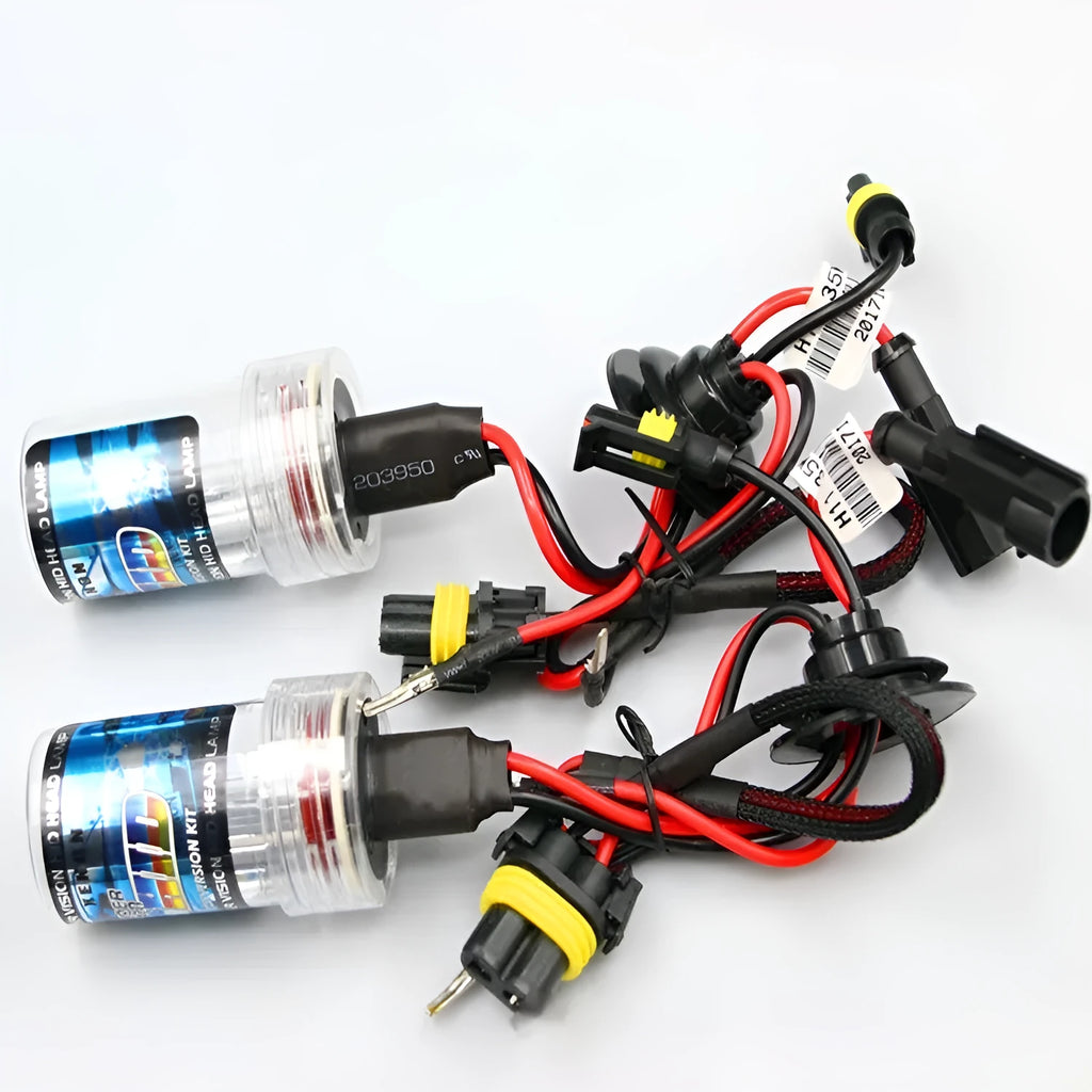 HID xenon automotive headlight bulb kit showing 4300K, 6000K, and 8000K colour temperature options