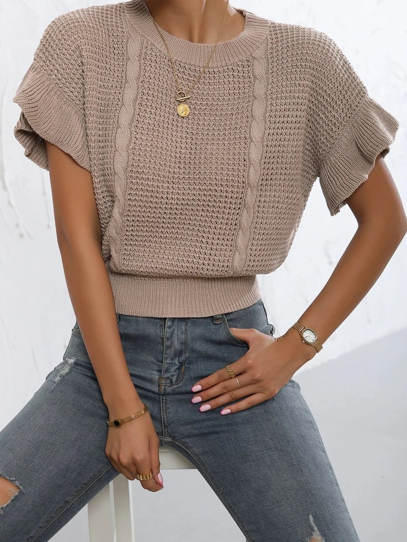 Twisted string 3D pattern knitted pullover sweater with ruffled short sleeves in loose Japanese-Korean style