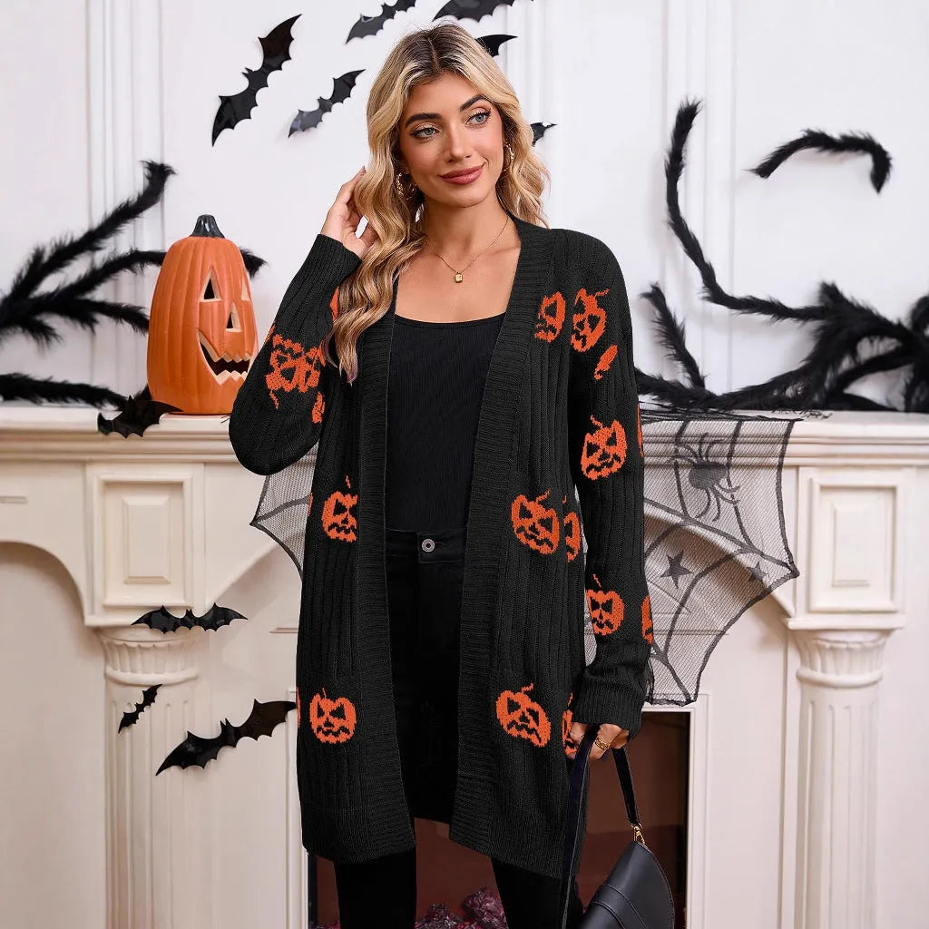 Women's black Halloween cardigan with orange pumpkin head jacquard knit pattern
