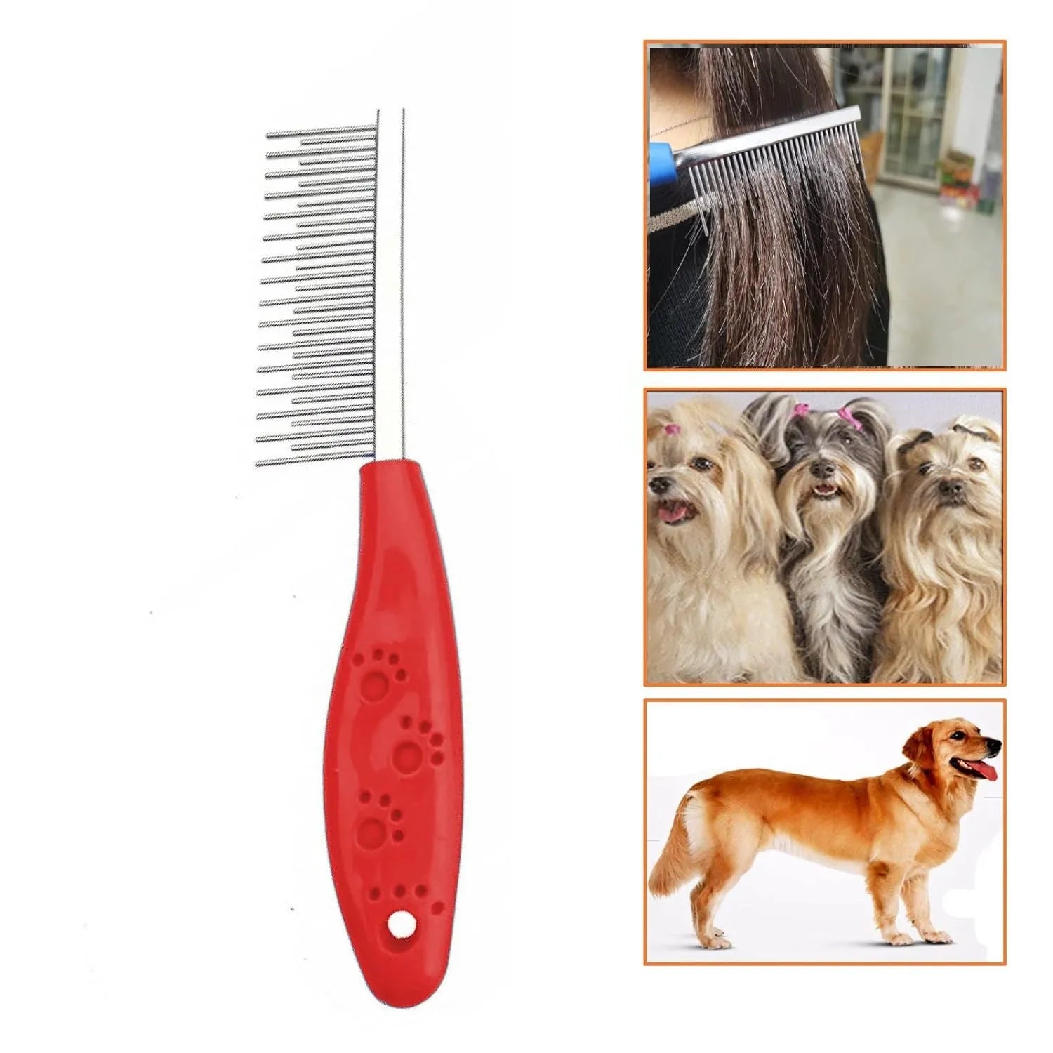 Red pet grooming comb with short and long stainless steel teeth and a plastic anti-slip handle.