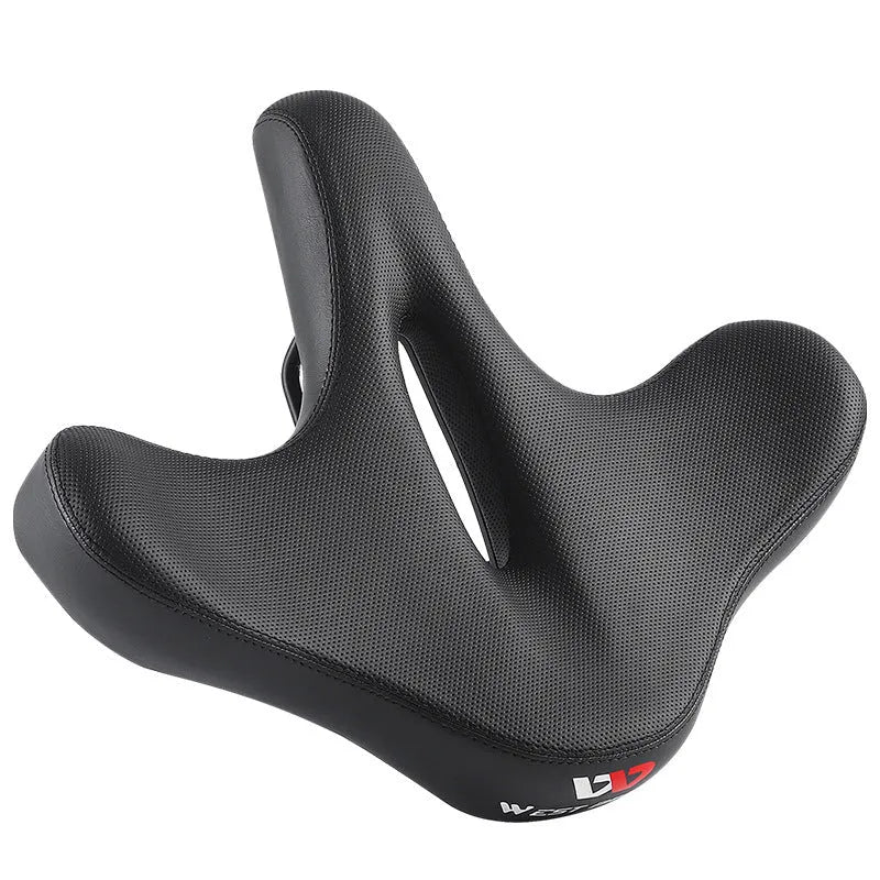 Black leather bicycle seat cushion with thick foam padding on a bike saddle.