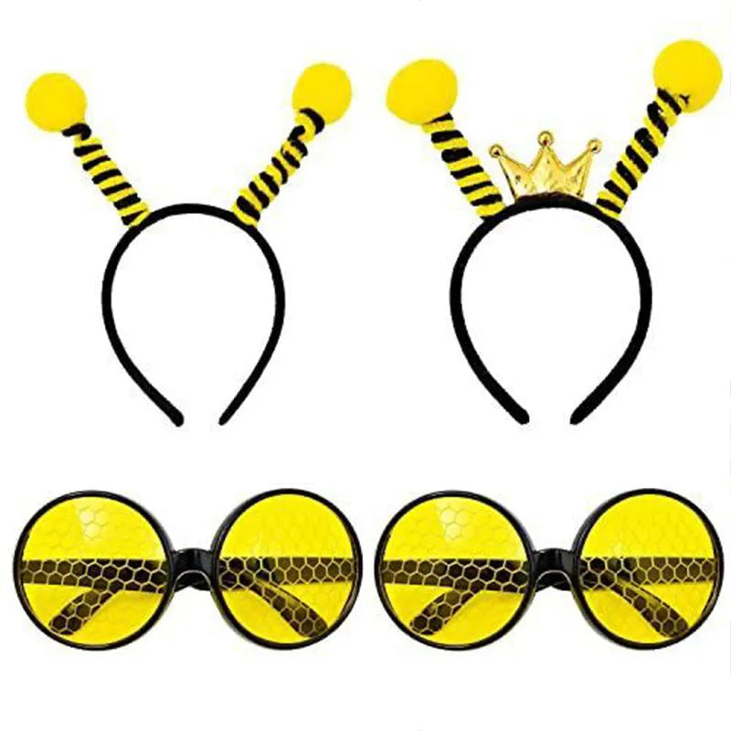 Yellow bee-themed cloth headband and glasses costume accessory set.